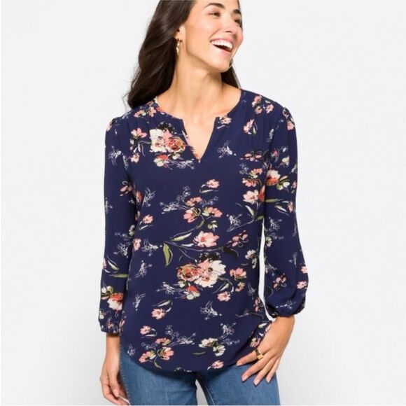 Fun 2 Fun Shirt Womens Small Blue Floral 3/4 Sleeve V-Neck Stitch Fix Top - Picture 1 of 14